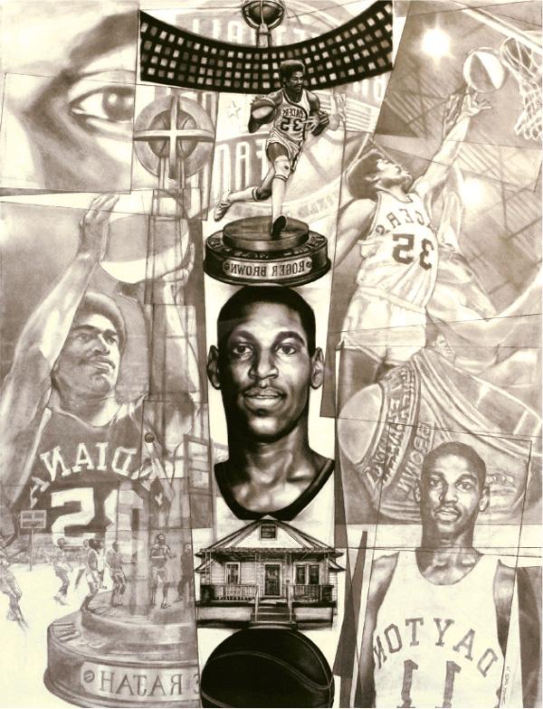 Charcoal collage of Roger Brown and his basketball career, by James Pate